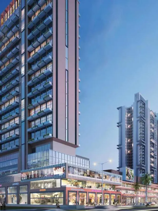 M3M Lofts 74 – loft tower and retail podium at dusk (artist's impression)