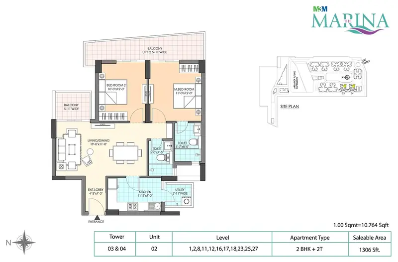2 BHK + 2T – 1,306 sq.ft floor plan, M3M Marina