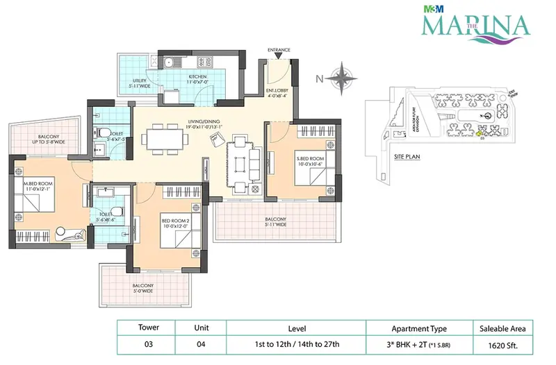 3 BHK + 2T – 1,620 sq.ft floor plan, M3M Marina
