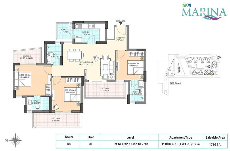3 BHK + 3T – 1,716 sq.ft floor plan, M3M Marina