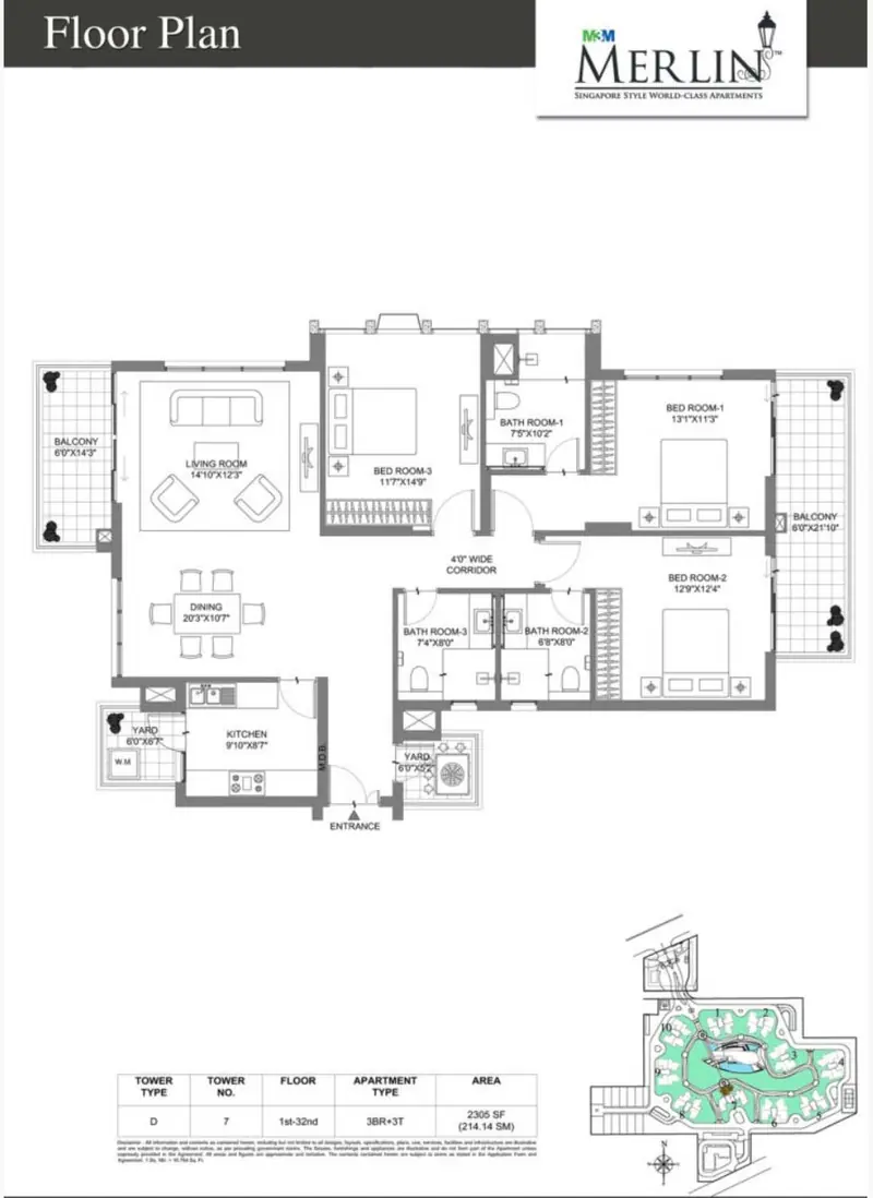 3 BHK + 3T – 2,305 sq.ft (Tower 7) floor plan, M3M Merlin