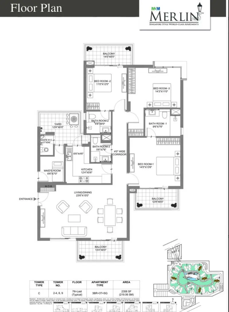 3 BHK + 3T + SQ – 2,358 sq.ft (Towers 2, 3, 4, 6 & 9) floor plan, M3M Merlin