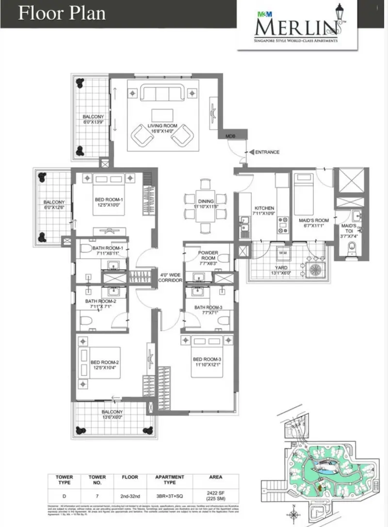 3 BHK + 3T + SQ – 2,422 sq.ft floor plan, M3M Merlin