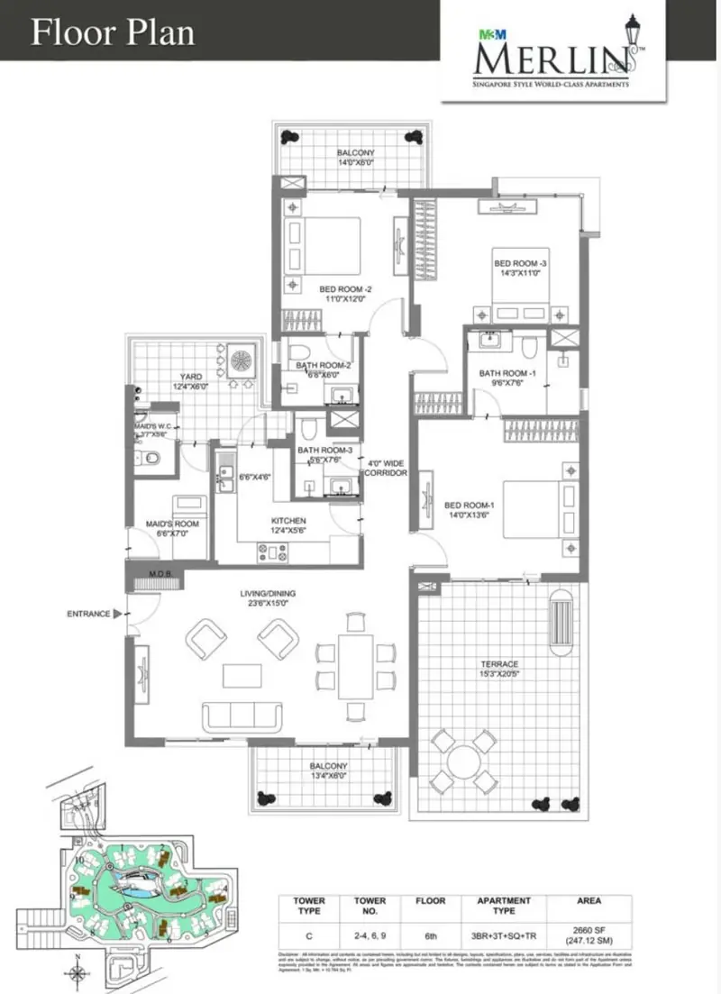 3 BHK + 3T + SQ + TR – 2,660 sq.ft (Towers 2, 3, 4, 6 & 9) floor plan, M3M Merlin