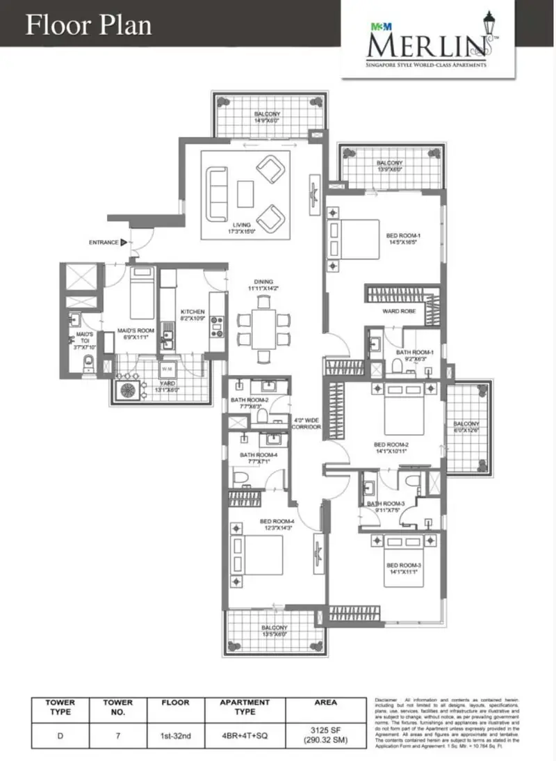 4 BHK + 4T + SQ – 3,125 sq.ft (Tower 7) floor plan, M3M Merlin