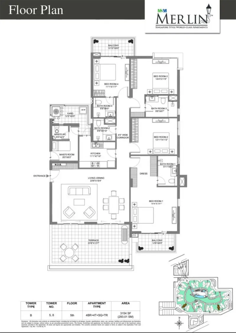 4 BHK + 4T + SQ + TR – 3,154 sq.ft (Towers 5 & 8) floor plan, M3M Merlin