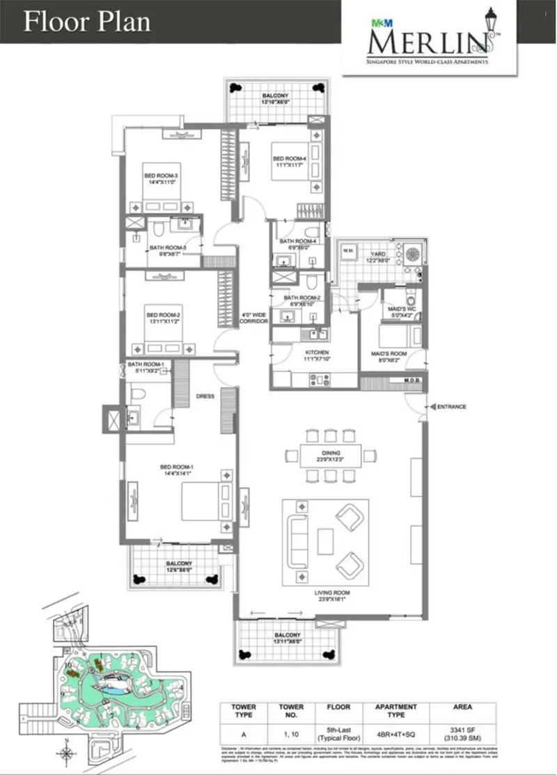 4 BHK + 4T + SQ – 3,341 sq.ft (Towers 1 & 10) floor plan, M3M Merlin