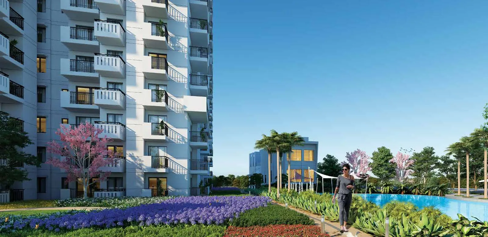 M3M Natura – residential tower beside the landscaped pool and gardens (artist's impression)