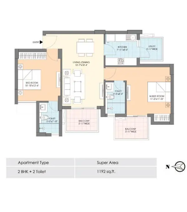 2 BHK + 2T – 1,192 sq.ft floor plan, M3M Natura