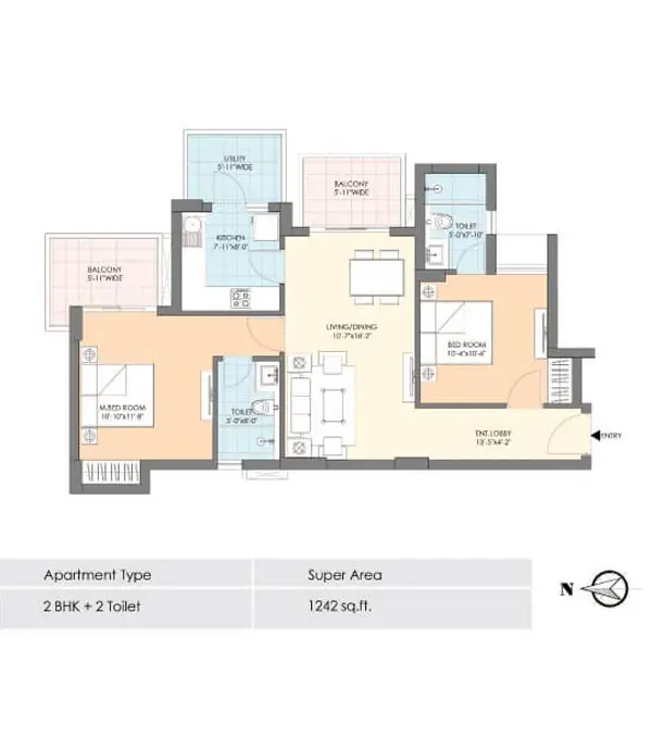 2 BHK + 2T – 1,242 sq.ft floor plan, M3M Natura