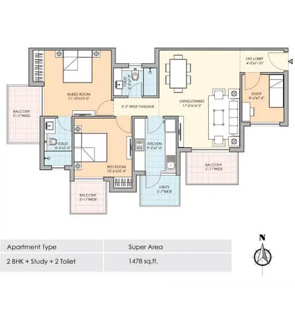 2 BHK + 2T + Study – 1,478 sq.ft floor plan, M3M Natura