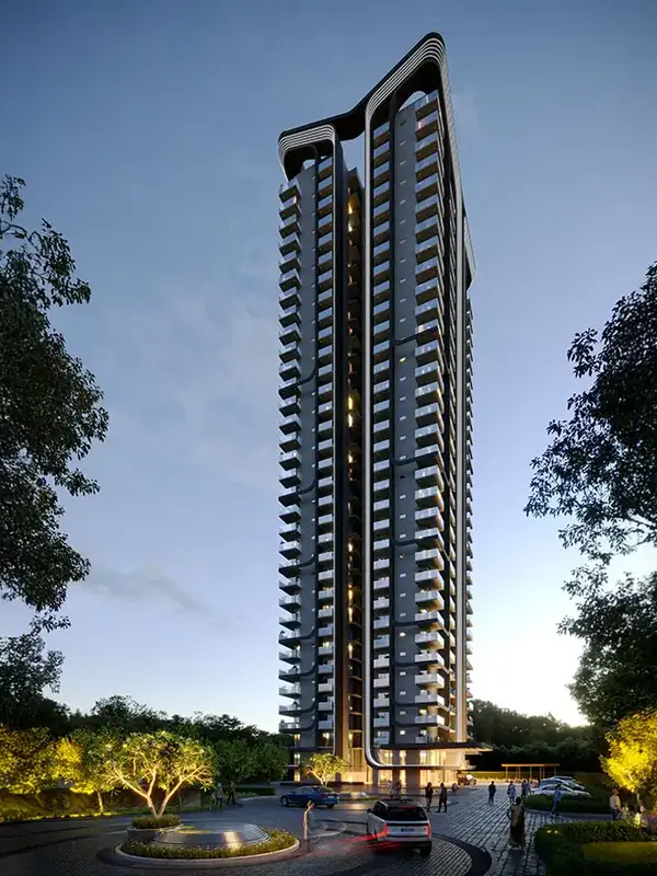 M3M Opus – tower at dusk with landscaped drop-off (artist's impression)