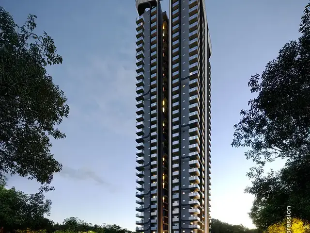 M3M Opus – tower at dusk with landscaped drop-off (artist's impression)