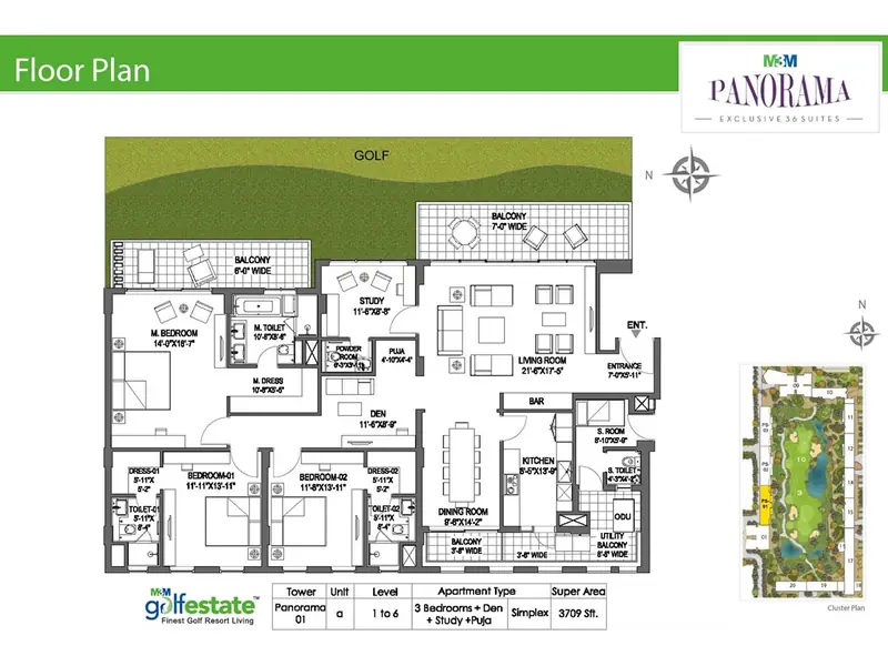 3 BHK + Den + Study – 3,709 sq.ft floor plan, M3M Panorama Suites