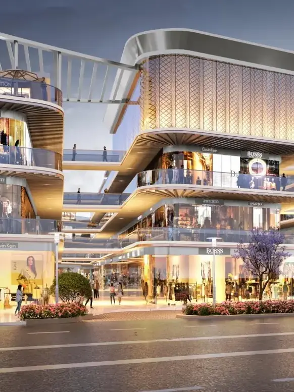 M3M Route65 – layered retail facade with glass shopfronts (artist's impression)