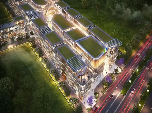 M3M Route65 – aerial view of the 4-acre retail development at night (artist's impression)