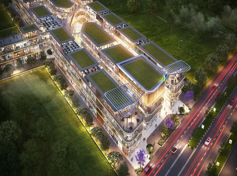 M3M Route65 – aerial view of the 4-acre retail development at night (artist's impression)