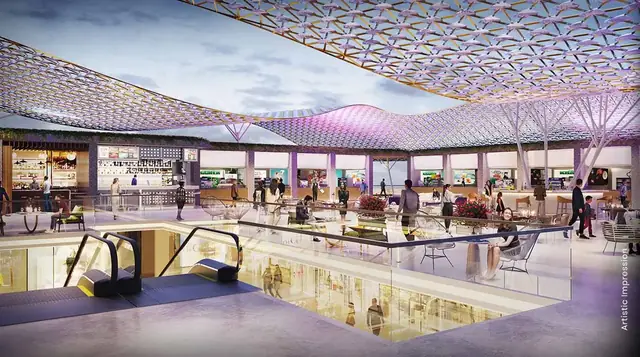 M3M Route65 – food court under a patterned canopy (artist's impression)