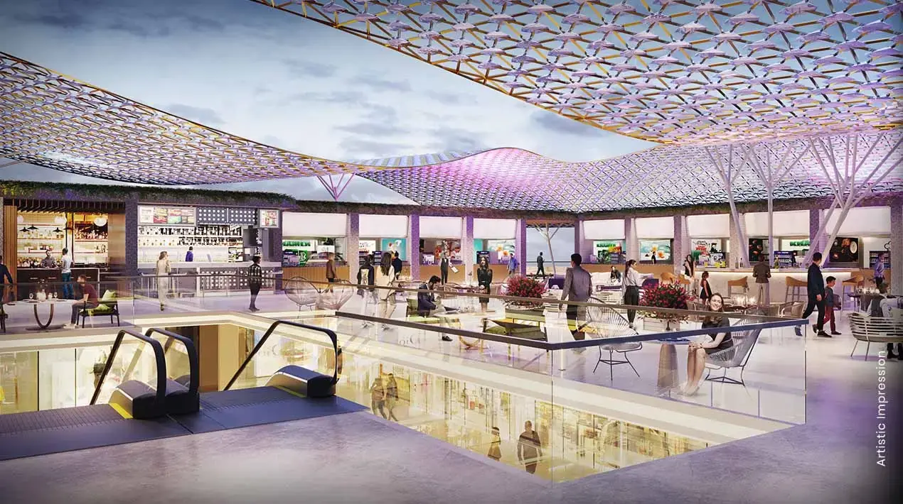 M3M Route65 – food court under a patterned canopy (artist's impression)
