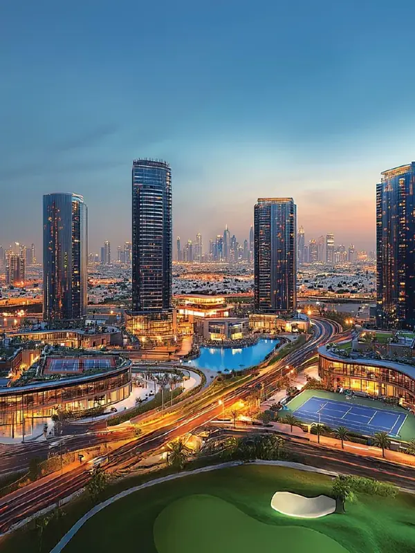 M3M SCDA – towers and clubhouses of the smart city at dusk (artist's impression)