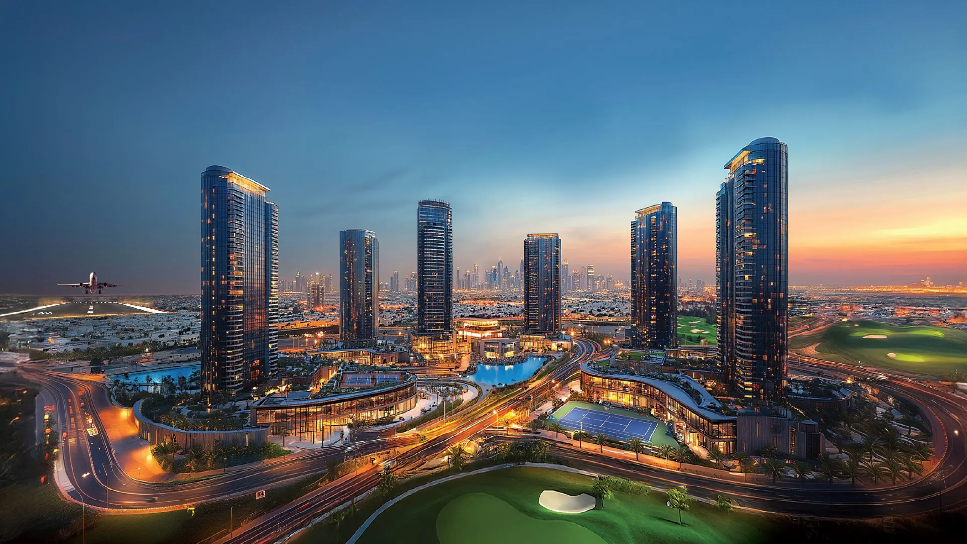 M3M SCDA – aerial view of the smart city towers, clubhouses and golf greens at dusk (artist's impression)