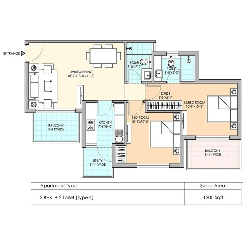 2 BHK + 2T – 1,200 sq.ft floor plan, M3M Sierra 68