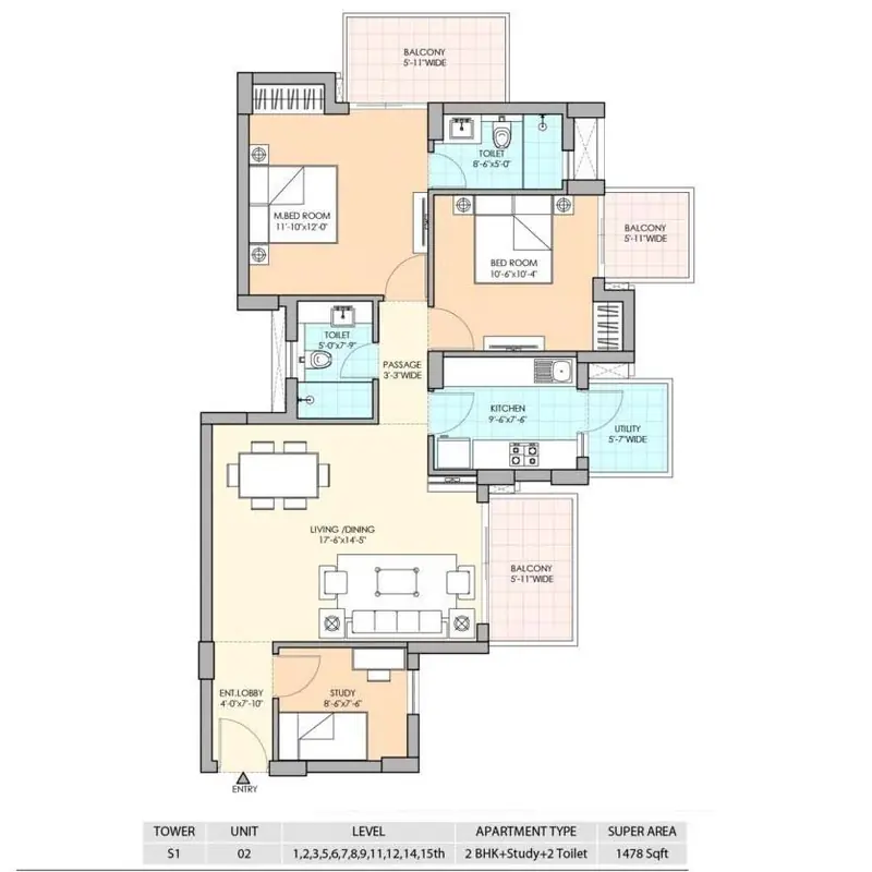 2 BHK + 2T + Study – 1,478 sq.ft floor plan, M3M Sierra 68