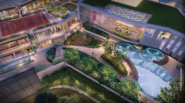 M3M Sky City – podium gardens and pool at night (artist's impression)