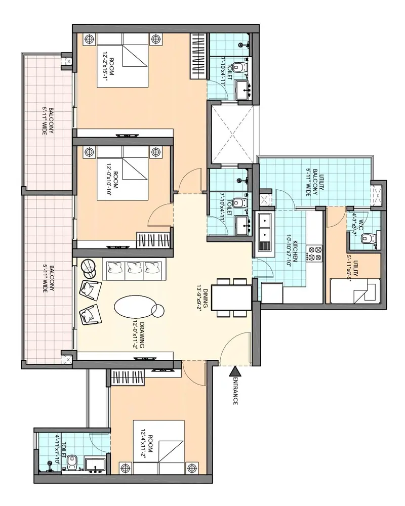 3 BHK – 2,040 sq.ft (Tower 02 & 03) floor plan, M3M Sky City