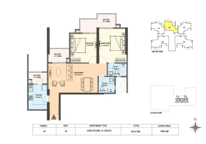 2 BHK – 1,406 sq.ft (Tower 2, Unit 02) floor plan, M3M Skywalk