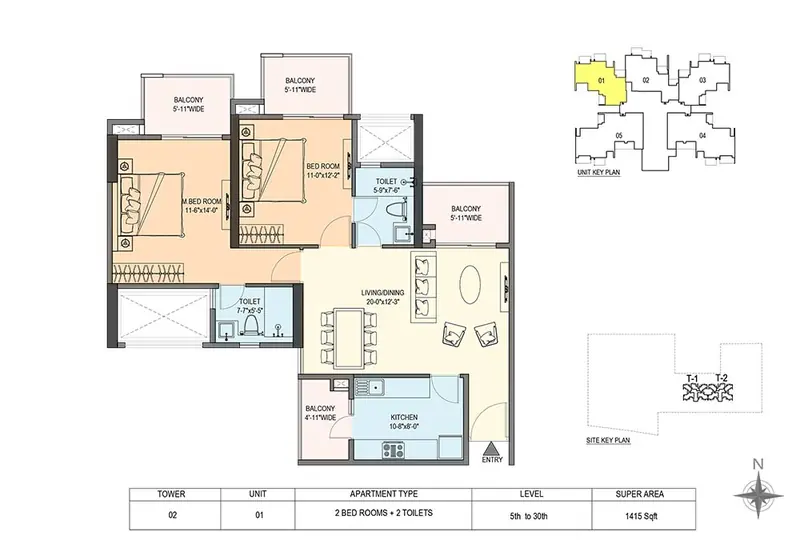 2 BHK – 1,415 sq.ft (Tower 2, Unit 01) floor plan, M3M Skywalk