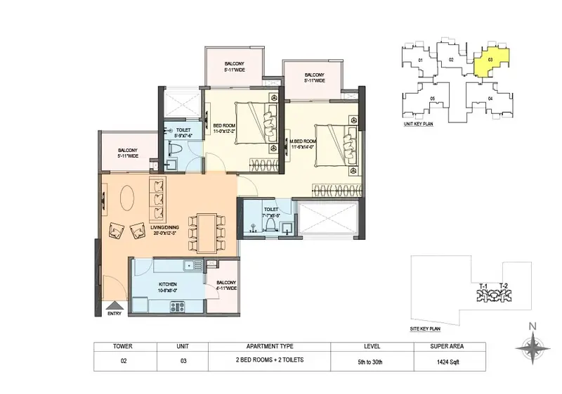 2 BHK – 1,424 sq.ft (Tower 2, Unit 03) floor plan, M3M Skywalk