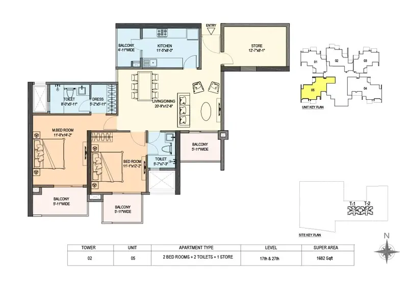 2 BHK + Store – 1,682 sq.ft (Tower 2, Unit 05) floor plan, M3M Skywalk