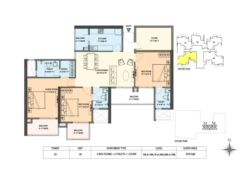 3 BHK + Store – 2,018 sq.ft (Tower 2, Unit 05) floor plan, M3M Skywalk