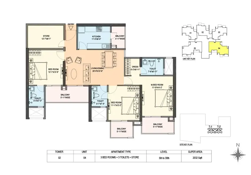 3 BHK + Store – 2,032 sq.ft (Tower 2, Unit 04) floor plan, M3M Skywalk
