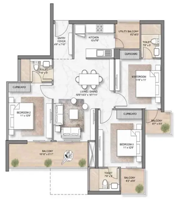3 BHK – Layout 1 (size to be confirmed) floor plan, M3M Soulitude