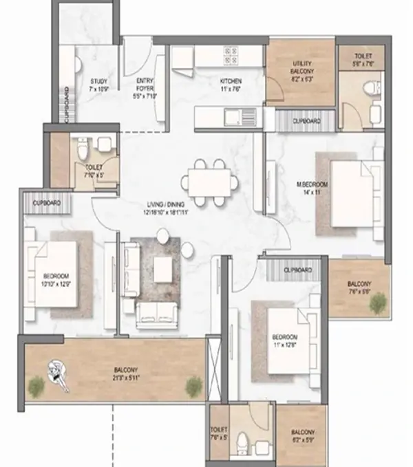 3 BHK + Study – Layout 2 (size to be confirmed) floor plan, M3M Soulitude