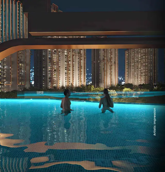 M3M St Andrews, SCDA – all-weather infinity pool at night (artist's impression)