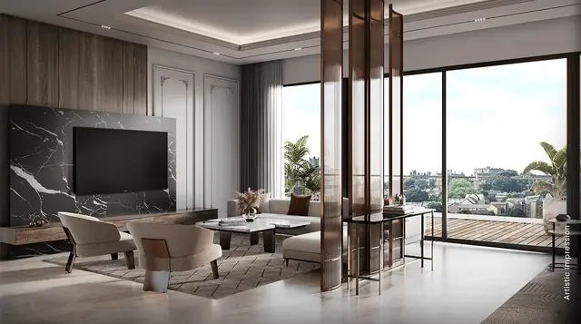M3M The Cullinan, living room opening onto a balcony (artist's impression)