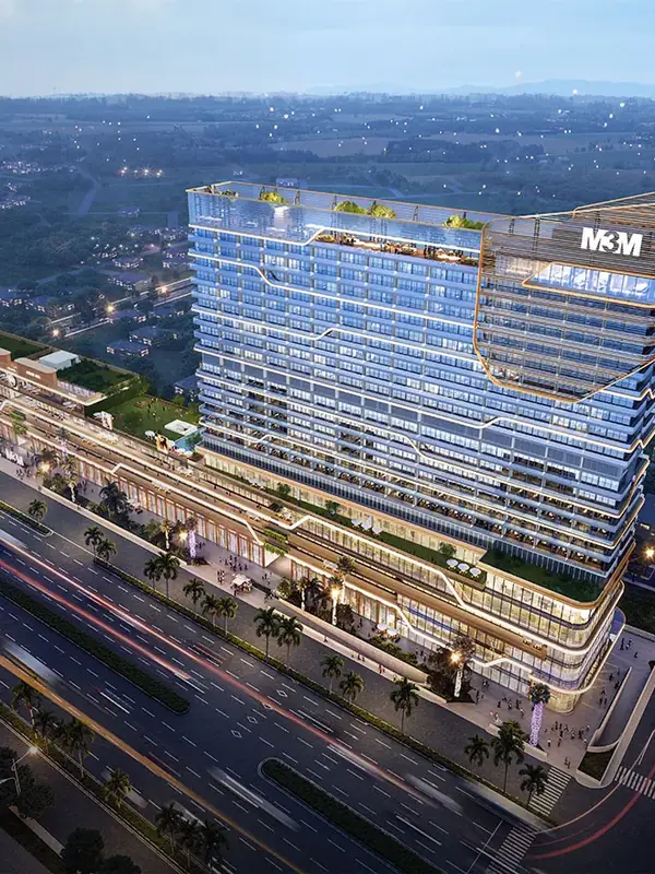 M3M The Line Pentsuites, aerial view of the tower and retail podium (artist's impression)