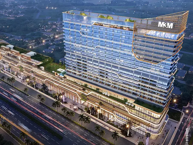 M3M The Line Pentsuites, aerial view of the tower and retail podium (artist's impression)