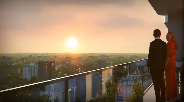 M3M The Line Pentsuites, balcony with a sunset view over the city (artist's impression)