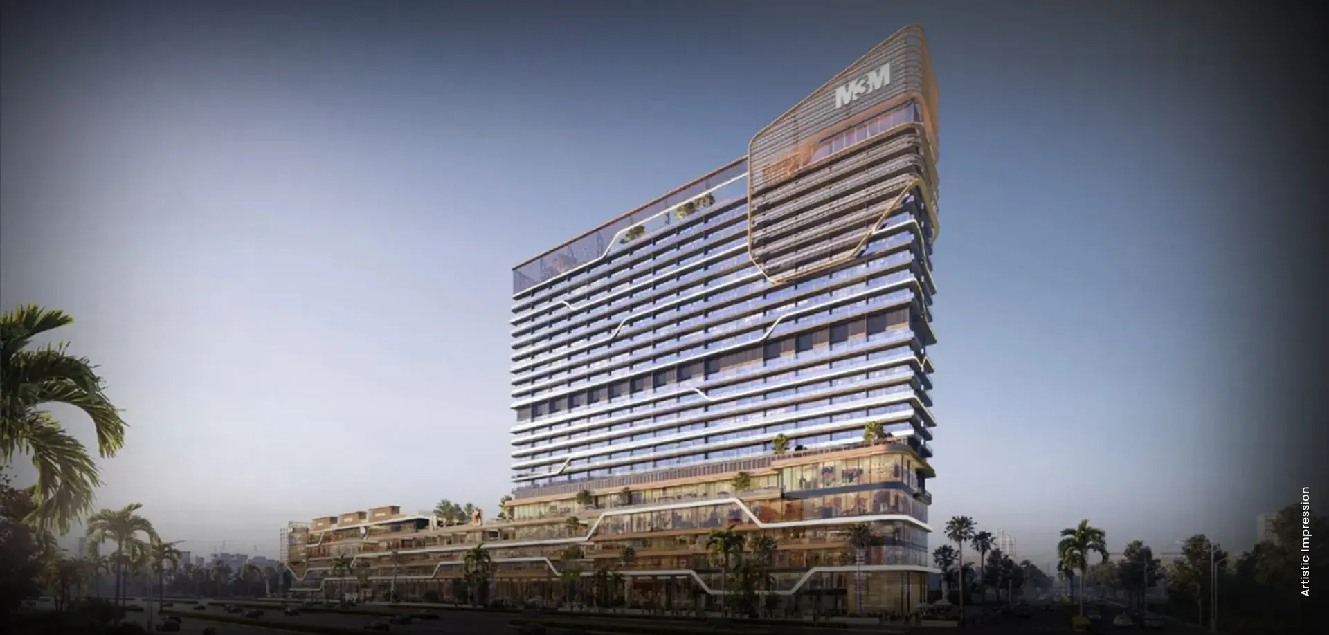 M3M The Line Pentsuites, tower with a sloping crown above the retail podium in Sector 72, Noida (artist's impression)