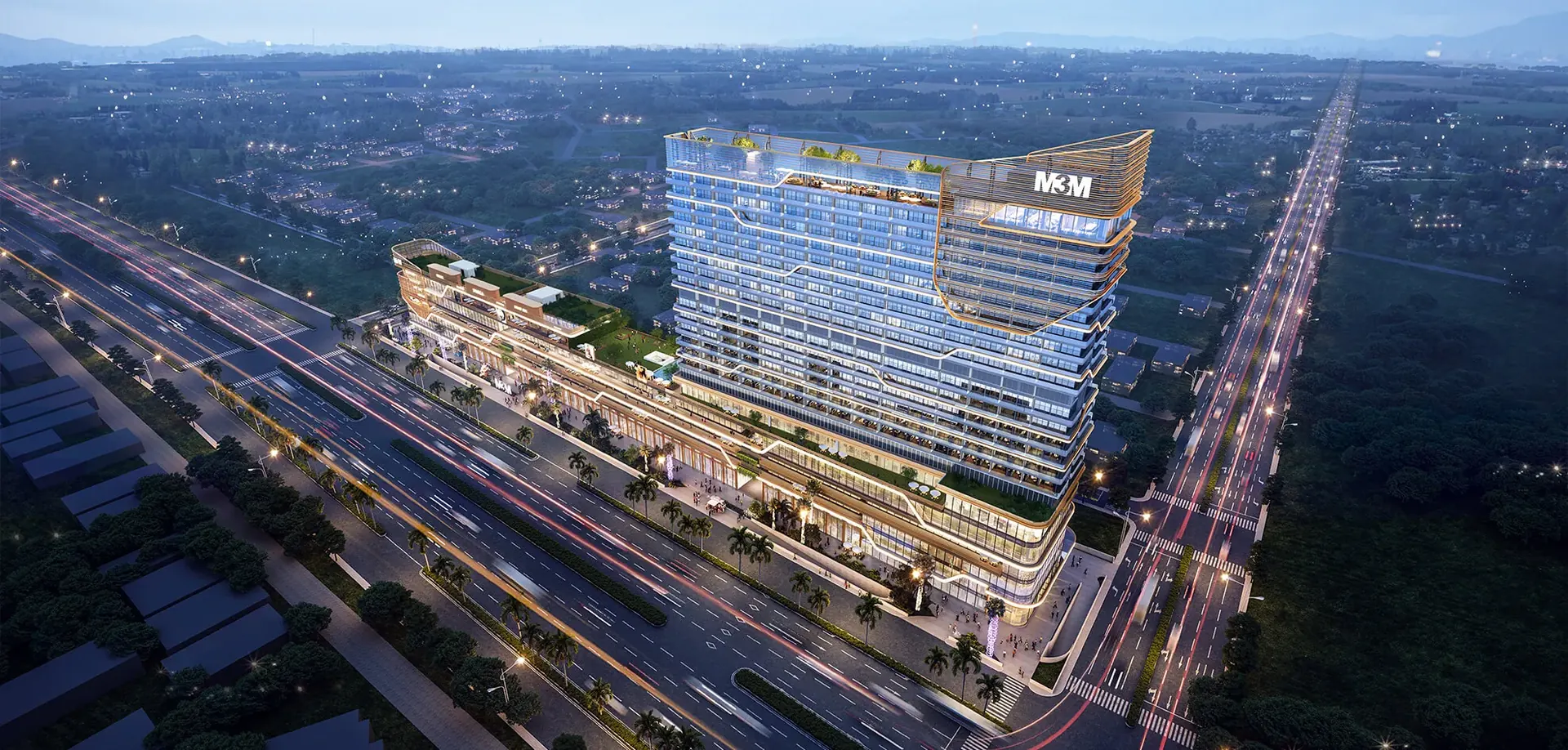 M3M The Line, aerial view of the tower and retail podium at a road junction in Sector 72, Noida (artist's impression)