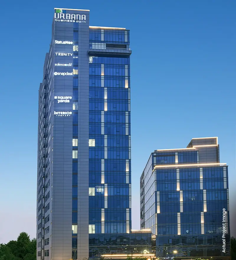 M3M Urbana Business Park – South Tower with Urbana signage at dusk (actual photograph)