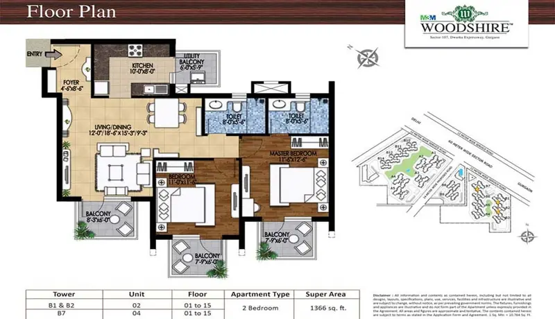 2 BHK – 1,366 sq.ft floor plan, M3M Woodshire