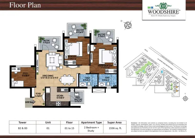 2 BHK + Study – 1,536 sq.ft floor plan, M3M Woodshire