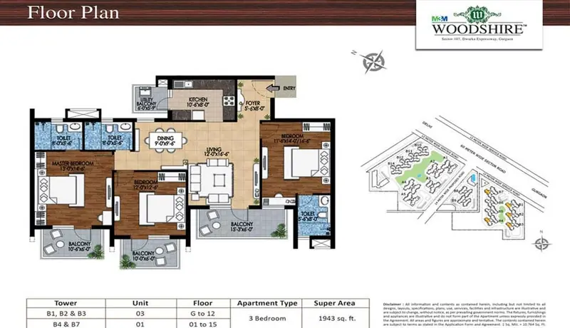 3 BHK – 1,943 sq.ft floor plan, M3M Woodshire