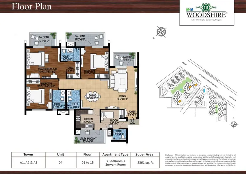 3 BHK + Servant – 2,361 sq.ft floor plan, M3M Woodshire