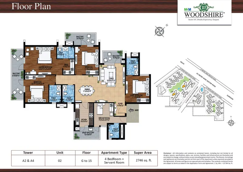 4 BHK + Servant – 2,746 sq.ft floor plan, M3M Woodshire